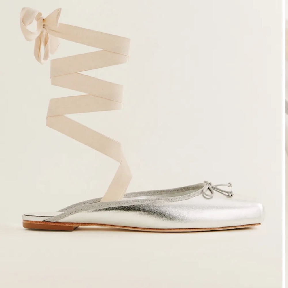 Reformation Silver Ballet Flat Lace Tie Up